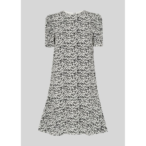 Whistles Black White Petal Print Puff Sleeves Flounce Hem Shift Mini Dress 6 - Picture 2 of 11